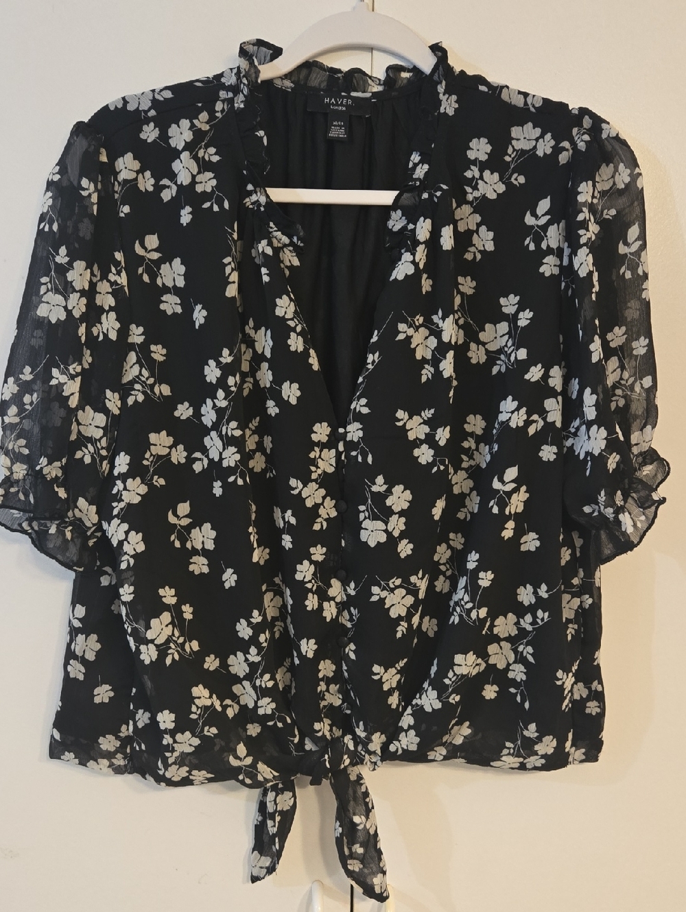 Haver Black Floral Tie-Front Sheer Blouse with White Print
